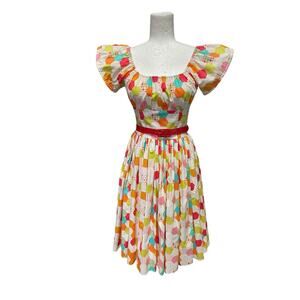 Bernie Dexter Retro Pin Up Dress Belted Puff Sleeve Pleated Cotton Party Small